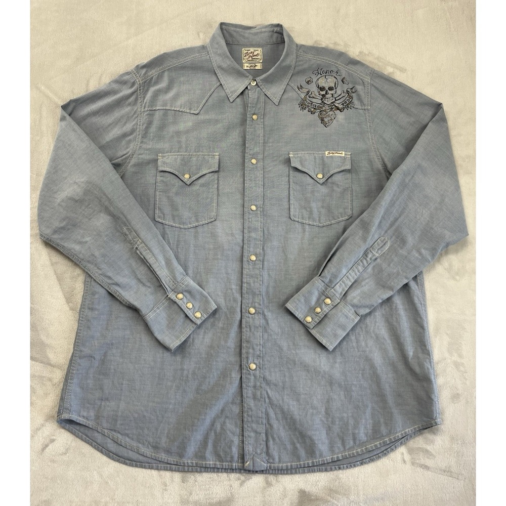 Lucky Brand Western Shirt Men XL Blue Pearl Snap Skull Eagle Graphic Excellent